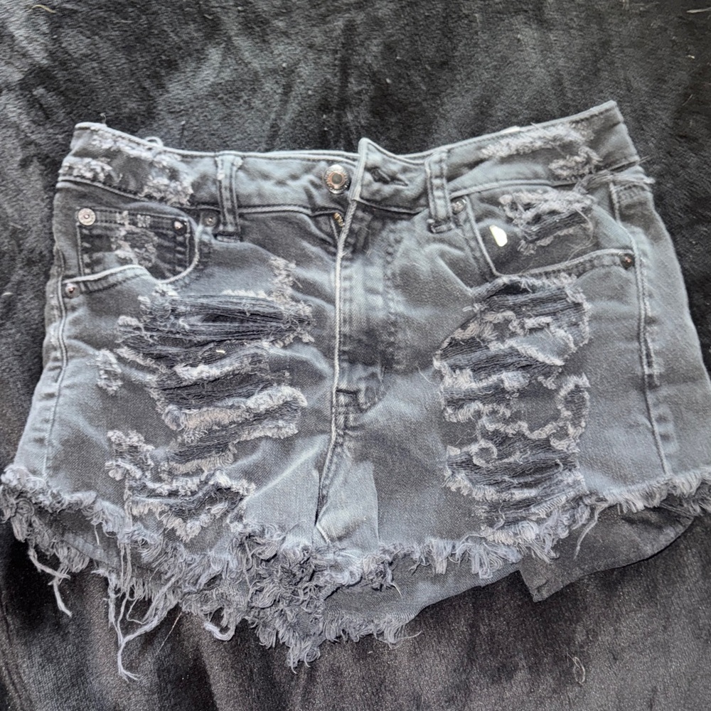 Distressed Black Denim Shorts
